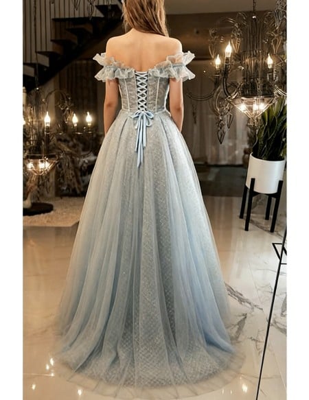 Shiny Sequin Long Grey Prom Dress With Off Shoulder Ruffles