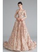 Sparkly Gold Sequin Lace Ball Gown Prom Dress With Long Sleeves
