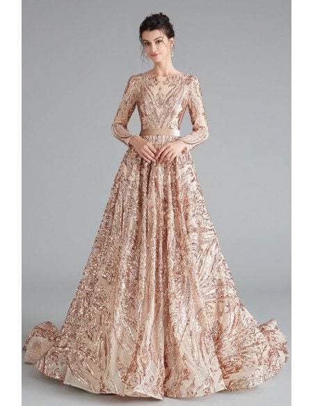 Sparkly Gold Sequin Lace Ball Gown Prom Dress With Long Sleeves