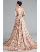 Sparkly Gold Sequin Lace Ball Gown Prom Dress With Long Sleeves