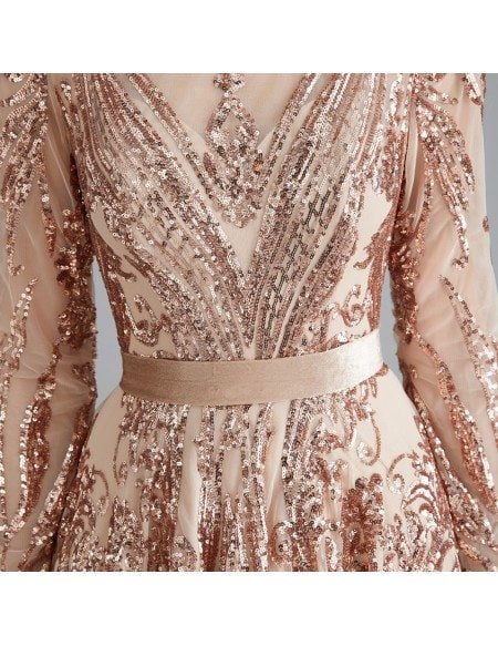 Sparkly Gold Sequin Lace Ball Gown Prom Dress With Long Sleeves