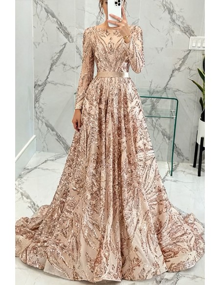 Sparkly Gold Sequin Lace Ball Gown Prom Dress With Long Sleeves