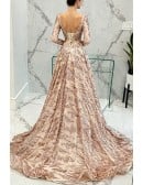 Sparkly Gold Sequin Lace Ball Gown Prom Dress With Long Sleeves