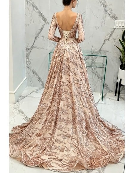 Sparkly Gold Sequin Lace Ball Gown Prom Dress With Long Sleeves