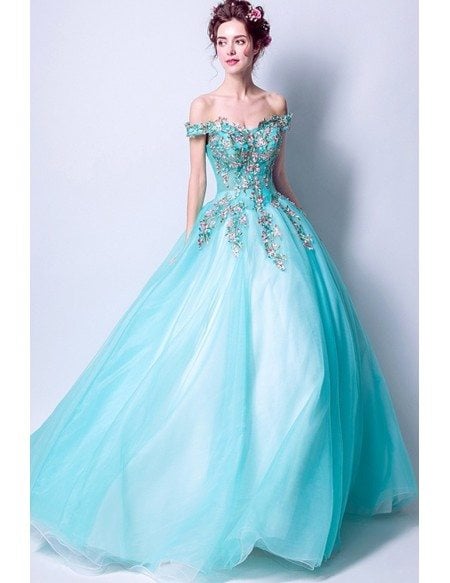 Off Shoulder Aqua Blue Prom Dress Ball Gown With Special Lace
