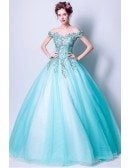 Off Shoulder Aqua Blue Prom Dress Ball Gown With Special Lace