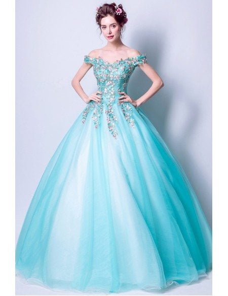 Off Shoulder Aqua Blue Prom Dress Ball Gown With Special Lace