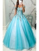 Off Shoulder Aqua Blue Prom Dress Ball Gown With Special Lace