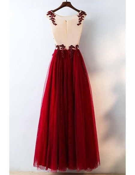 Formal Red Sequined Tulle Prom Dress Long With Lace