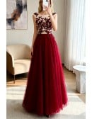 Formal Red Sequined Tulle Prom Dress Long With Lace