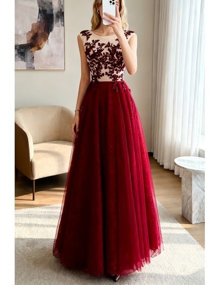 Formal Red Sequined Tulle Prom Dress Long With Lace