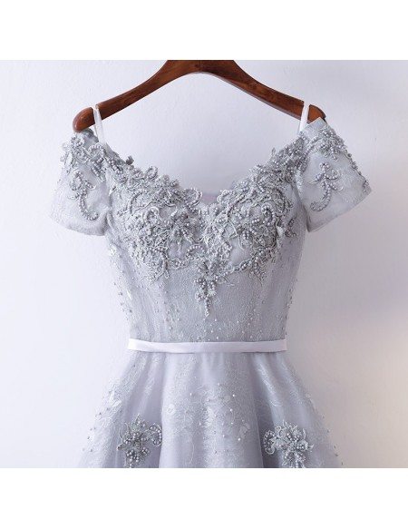 Special A Line Grey Long Prom Dress With Short Sleeves