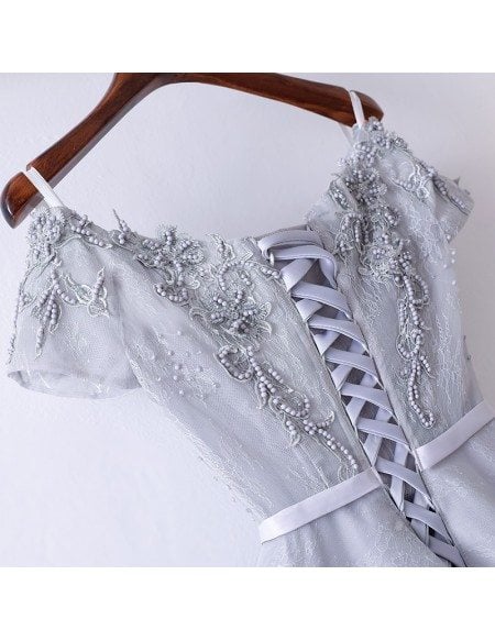 Special A Line Grey Long Prom Dress With Short Sleeves