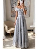 Special A Line Grey Long Prom Dress With Short Sleeves