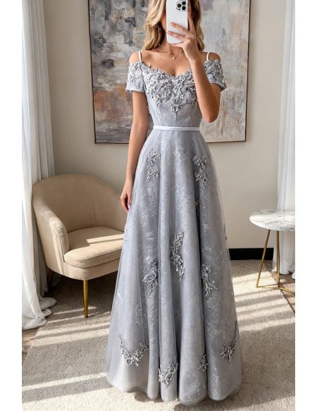 Special A Line Grey Long Prom Dress With Short Sleeves