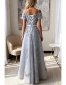 Special A Line Grey Long Prom Dress With Short Sleeves