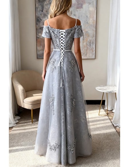 Special A Line Grey Long Prom Dress With Short Sleeves