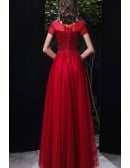 Bling Sequined Aline Long Tulle Prom Dress with Sheer Neckline Short Sleeves