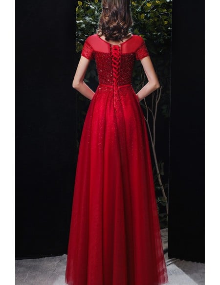 Bling Sequined Aline Long Tulle Prom Dress with Sheer Neckline Short Sleeves