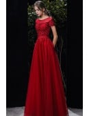 Bling Sequined Aline Long Tulle Prom Dress with Sheer Neckline Short Sleeves