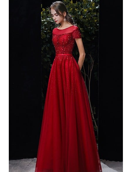Bling Sequined Aline Long Tulle Prom Dress with Sheer Neckline Short Sleeves