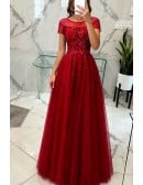 Bling Sequined Aline Long Tulle Prom Dress with Sheer Neckline Short Sleeves