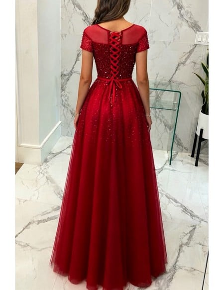 Bling Sequined Aline Long Tulle Prom Dress with Sheer Neckline Short Sleeves