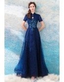 Elegant Navy Blue A Line Tulle Formal Party Dress With Short Sleeves