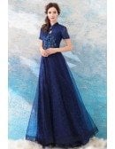 Elegant Navy Blue A Line Tulle Formal Party Dress With Short Sleeves