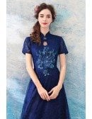 Elegant Navy Blue A Line Tulle Formal Party Dress With Short Sleeves