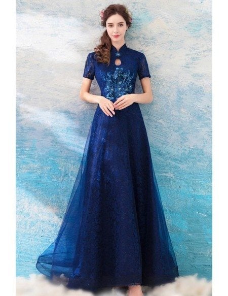 Elegant Navy Blue A Line Tulle Formal Party Dress With Short Sleeves