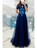 Elegant Navy Blue A Line Tulle Formal Party Dress With Short Sleeves