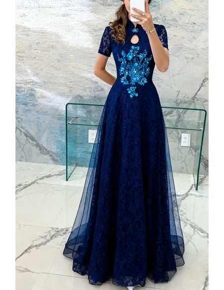 Elegant Navy Blue A Line Tulle Formal Party Dress With Short Sleeves