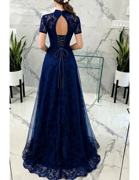Elegant Navy Blue A Line Tulle Formal Party Dress With Short Sleeves