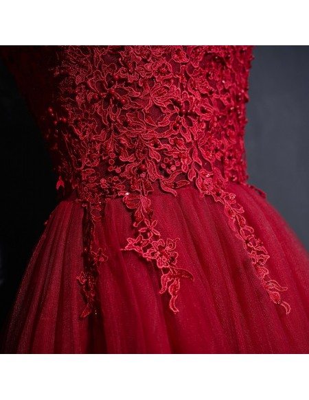 Vintage Lace High Neck Long Tulle Prom Party Dress Burgundy
