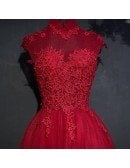 Vintage Lace High Neck Long Tulle Prom Party Dress Burgundy