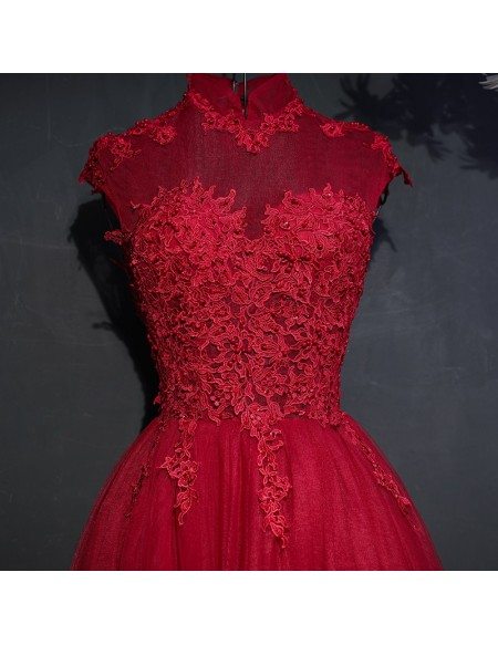 Vintage Lace High Neck Long Tulle Prom Party Dress Burgundy