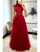 Vintage Lace High Neck Long Tulle Prom Party Dress Burgundy
