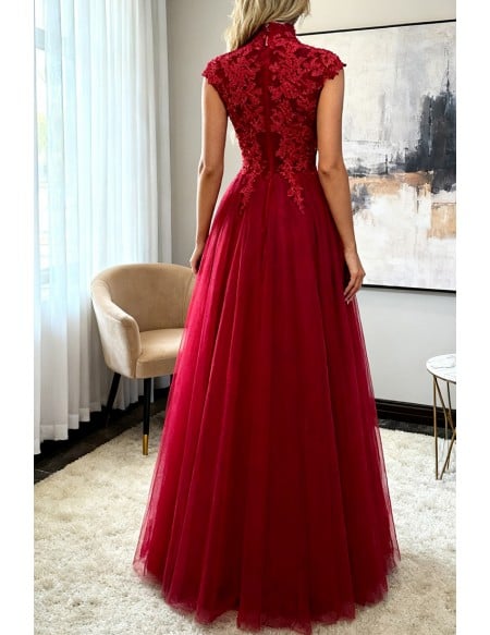 Vintage Lace High Neck Long Tulle Prom Party Dress Burgundy