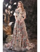 Unique Romantic Floral Embroidery Lace Formal Prom Dress with Sleeves And Train