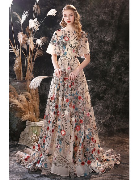 Unique Romantic Floral Embroidery Lace Formal Prom Dress with Sleeves And Train