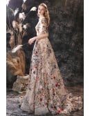 Unique Romantic Floral Embroidery Lace Formal Prom Dress with Sleeves And Train