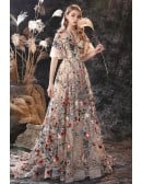 Unique Romantic Floral Embroidery Lace Formal Prom Dress with Sleeves And Train
