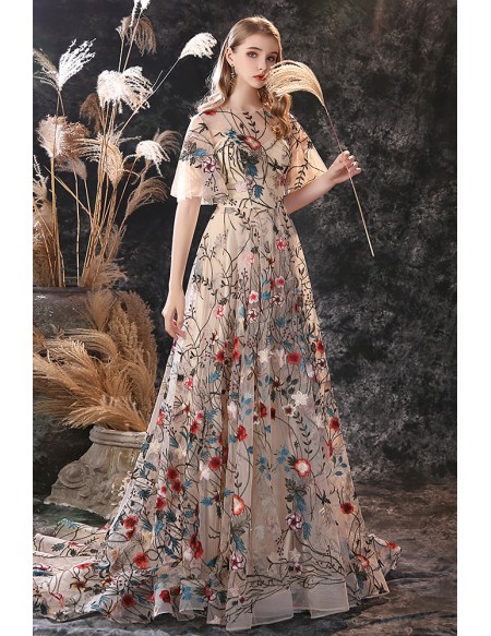 Unique Romantic Floral Embroidery Lace Formal Prom Dress with Sleeves And Train