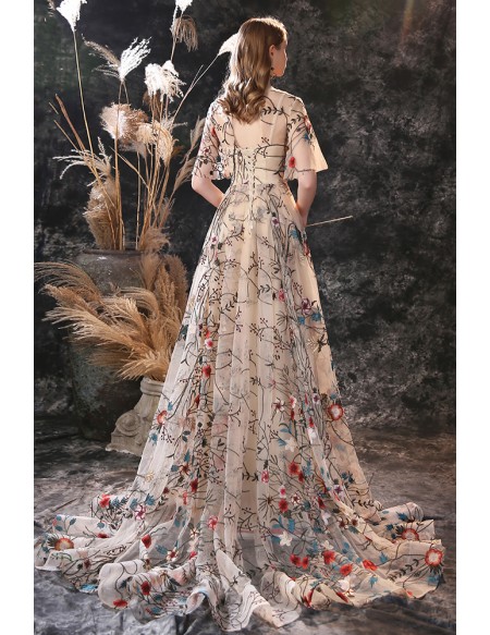 Unique Romantic Floral Embroidery Lace Formal Prom Dress with Sleeves And Train