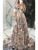 Unique Romantic Floral Embroidery Lace Formal Prom Dress with Sleeves And Train