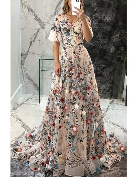 Unique Romantic Floral Embroidery Lace Formal Prom Dress with Sleeves And Train