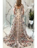 Unique Romantic Floral Embroidery Lace Formal Prom Dress with Sleeves And Train