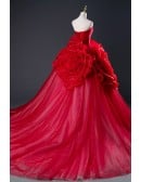 Stunning Ruffled Flowers Red Formal Ballgown Evening Dress Strapless