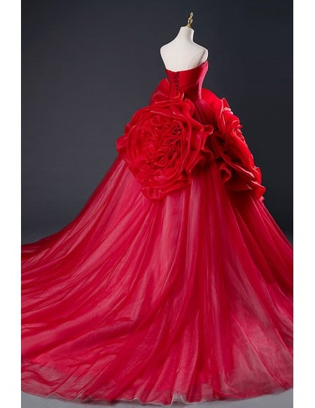 Stunning Ruffled Flowers Red Formal Ballgown Evening Dress Strapless